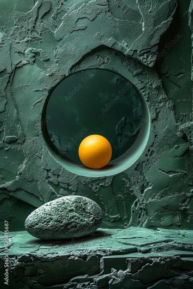 Poster minimalistic green textured background with a circular cutout and an orange sphere