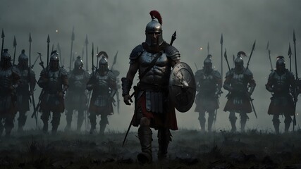 Roman soldier stands on the battlefield