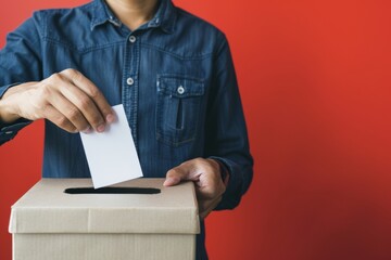 Voter inserting paper ballot into a box with red background behind - Democratic Process - Election Integrity - Voter Turnout