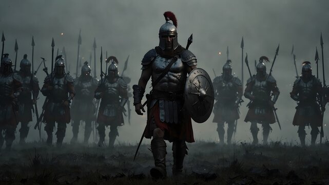 Roman soldier stands on the battlefield
