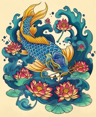 Vibrant koi fish with lotus flowers in swirling water, colorful and detailed