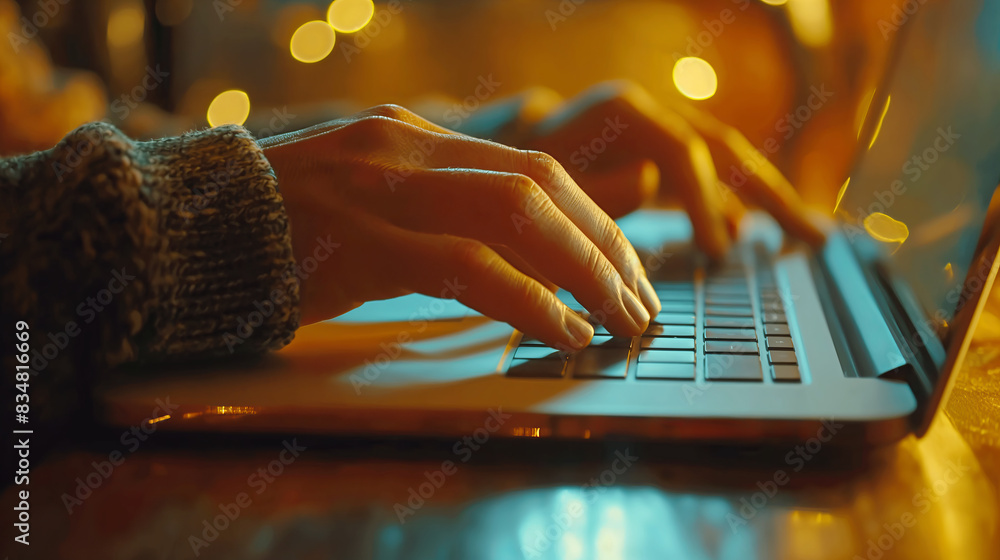 Aufkleber Close-up of hands typing on a laptop keyboard with warm bokeh lights in the background, concept of technology. Generative AI