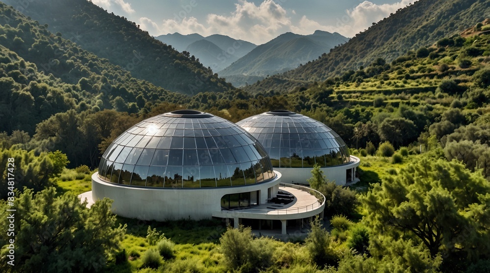 Wall mural two circular glass dome shaped building surrounded by green trees and mountains