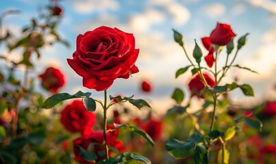 Obraz premium Red roses close up against a morning sky, Generative AI 