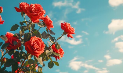 Red roses close up against a morning sky, Generative AI 