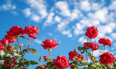 Red roses close up against a morning sky, Generative AI 