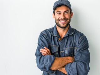portrait captures a smiling male plumber standing confidently in a clean.