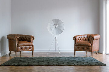 Classic Comfort: White Interior with Elegant Armchairs and Floor Lamp 3d render