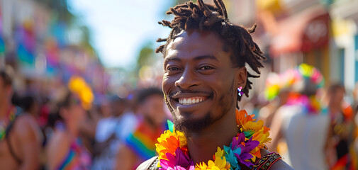 Close-up of a smiling African American man with a vibrant LGBT pride flag in the background, celebrating Pride Month