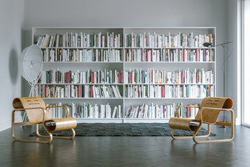 Modern Home Library with Designer Chairs 3d render