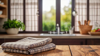 Wooden countertop with tablecloth on blurred modern kitchen interior background. Mock up with copy space. Template showcase scene for display, montage, advertising product