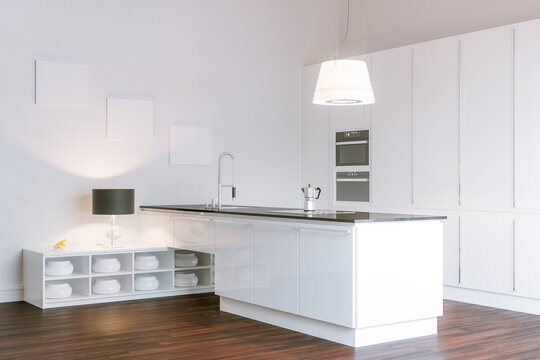 Sleek Modern White Kitchen Design 3d render