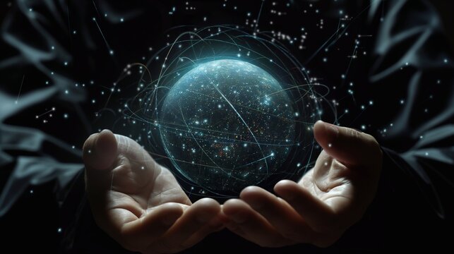 The world internet connection globe in hands. A worldwide communication technology. Big data analytics and business intelligence concept.