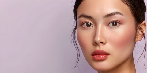 Fototapeta premium Elegant Japanese Model Showcasing Decorative Cosmetics on a Lilac Backdrop