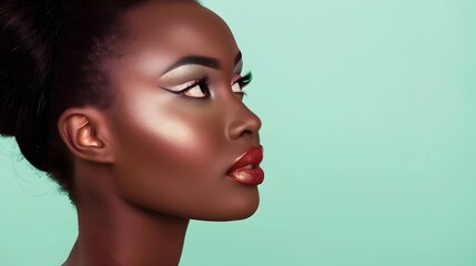 Fototapeta premium Elegant African Woman Showcasing Decorative Cosmetics on Mint Green Backdrop Perfect for