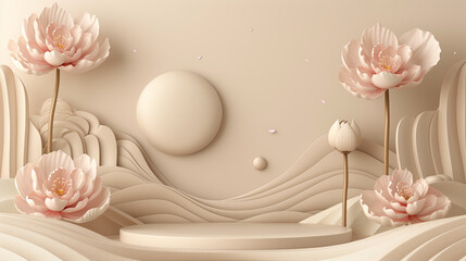 Front view of white podium with and flower in beige background for advertising , abstract content. Pedestal for cosmetic product and packaging mockups display presentation. empty stage.