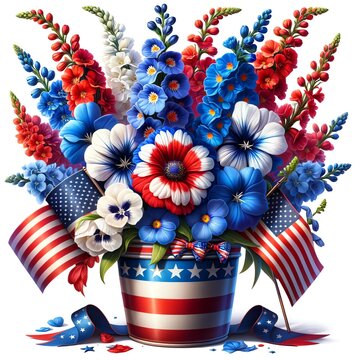 An iimage of a patriotic floral arrangement of Dasante Blue Larkspur