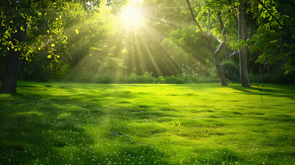 Obraz premium Beautiful warm summer widescreen natural landscape of park with a glade of fresh grass lit by sun.