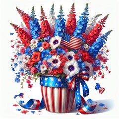 An illustration of a patriotic floral arrangement of Dasante Blue Larkspur