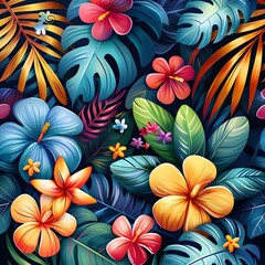 vibrant tropical flowers and leaves seamless pattern