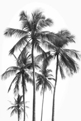 three people sitting under palm trees on the beach, black and white image