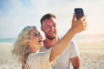 Relax, smile and couple with selfie at beach for adventure, online post and memory of holiday....