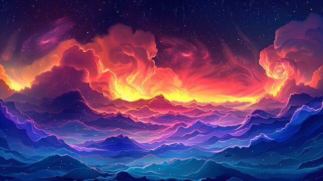 Fantasy landscape with colorful clouds and mountains