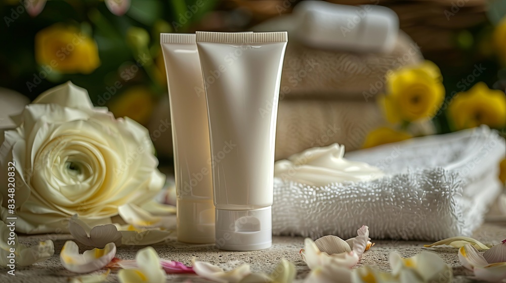 Poster close-up of two tubes of hand and foot cream on a soft white towel with flower petals, creating a lu