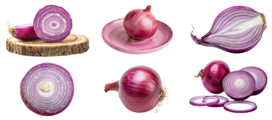 Set of various red Onion bulb, half slice and rings isolated on background, different arrangement of onion vegetables.