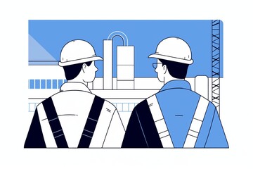 Two engineers wearing safety helmets and overalls at a construction site, discussing project plans with industrial background.