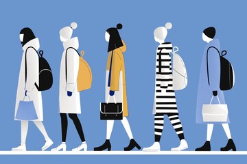 Vector illustration of fashionably dressed people in winter clothing, walking in a line against a blue background.