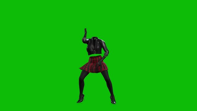 3D invincible woman wearing leather jacket, short skirt and high heels, dancing on green screen, 3D animation. Dance style 16