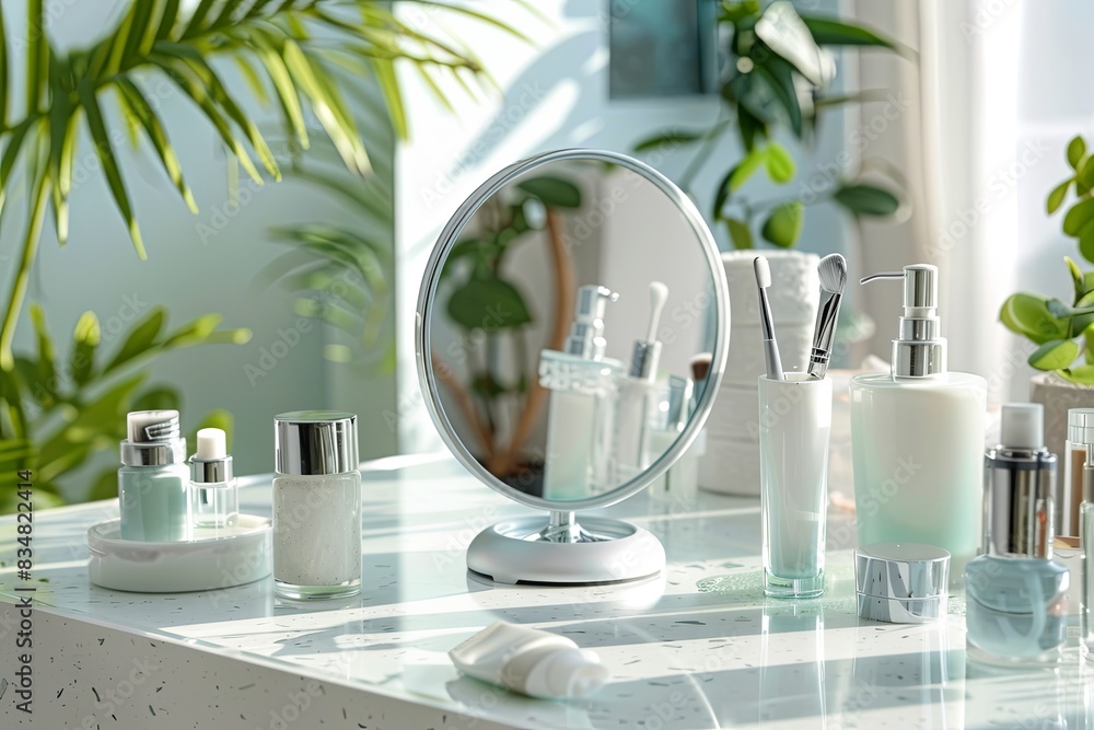 Aufkleber a close-up of a tabletop mirror surrounded by various cosmetic products in a bright bathroom setting