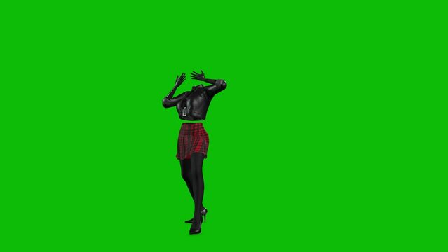 3D invincible woman wearing leather jacket, short skirt and high heels, dancing on green screen, 3D animation. Dance style 18
