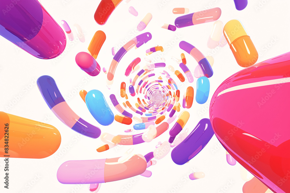 Poster swirling vortex of colorful pills and capsules creating a dynamic and energetic pattern against a wh