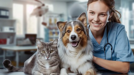 Veterinarian with a cat and a dog in an animal clinic. Smiling vet embraces pets, highlighting...