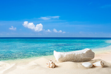 Sea shells and stones on beautiful tropical summer sand beach