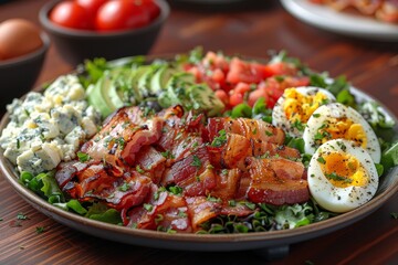 Cobb Salad - Cobb salad with rows of bacon, egg, avocado, and blue cheese. 