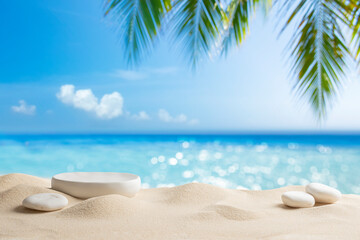 White stone podium with copy space for product display on tropical summer sand beach background