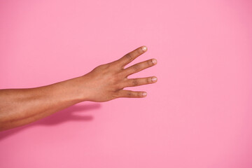 Photo of person showing hand four fingers number isolated pastel color background