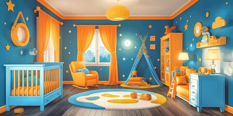 Vibrant and colorful children's bedroom with blue and orange decor, featuring a crib, chair, tent, and playful elements.