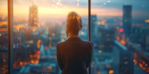 Woman gazing at sunset through a skyscraper window, contemplating cityscape and lights; urban perspective, reflection, dreamlike moment.