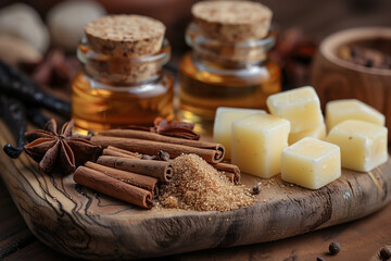 Assorted perfume ingredients including vanilla beans, cinnamon sticks, and star anise on a rustic wooden board