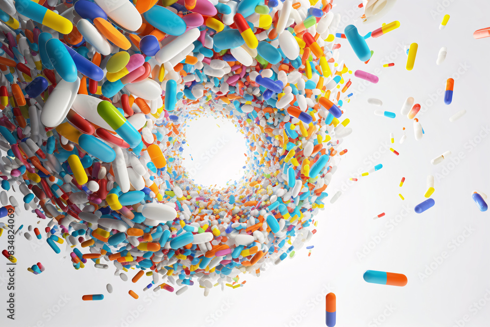 Poster swirling vortex of colorful pills and capsules creating a dynamic and energetic pattern against a white background symbolizing health and medication