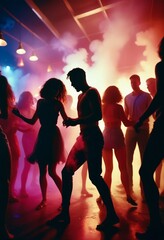 silhouettes of people portrait dancing at a crowded party at midnight, colorful lights and smoke at background