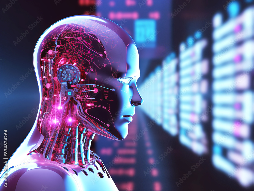 Poster A digital illustration of a robot with human features against a futuristic background, depicting the concept of artificial intelligence. Generative AI