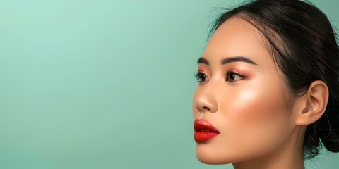 Vietnamese Model Showcases Decorative Cosmetics on Stunning Seafoam Green Backdrop