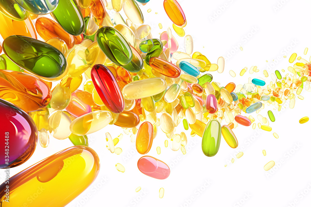 Poster an abstract display of colorful capsules and pills scattered on a white background
