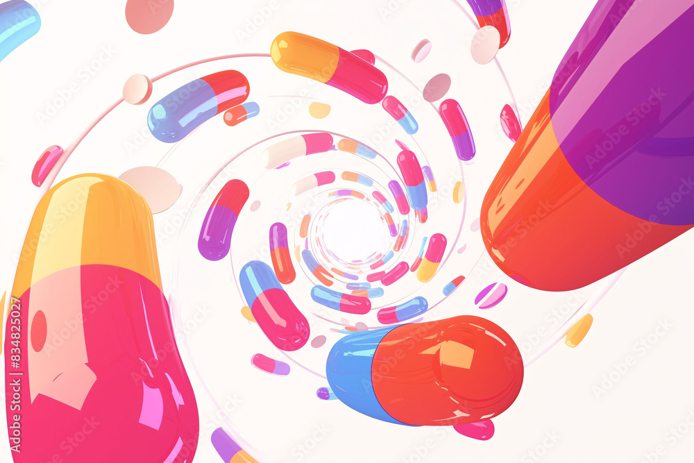 Poster vivid spiral of colorful pills and capsules creating a dynamic and eye-catching pattern suggesting m