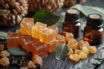 Close-up of amber resin, musk, and patchouli leaves used in perfumery, laid out on a textured surface